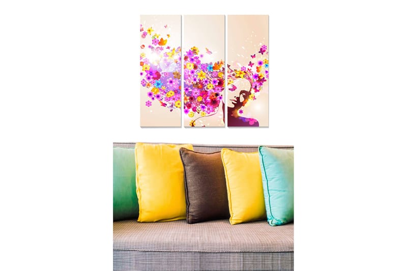 Canvastavla i trä 3-delar 50x70 cm - Färgrik kvinna med blommor och fjärilar som sväva omkring henne, Lila / Rosa / Gult