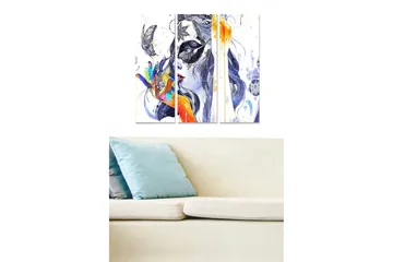 Canvastavla i trä 3-delar 50x70 cm - Färgrik kvinna med fjärilar och abstrakta mönster - Blå / Orange / Svart - Inredning - Tavlor & posters - Canvastavla