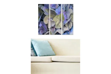 Canvastavla i trä 3-delar 50x70 cm - Färgrik samling av hortensia-blommor - Lila / Grön / Blå - Inredning - Tavlor & posters - Canvastavla