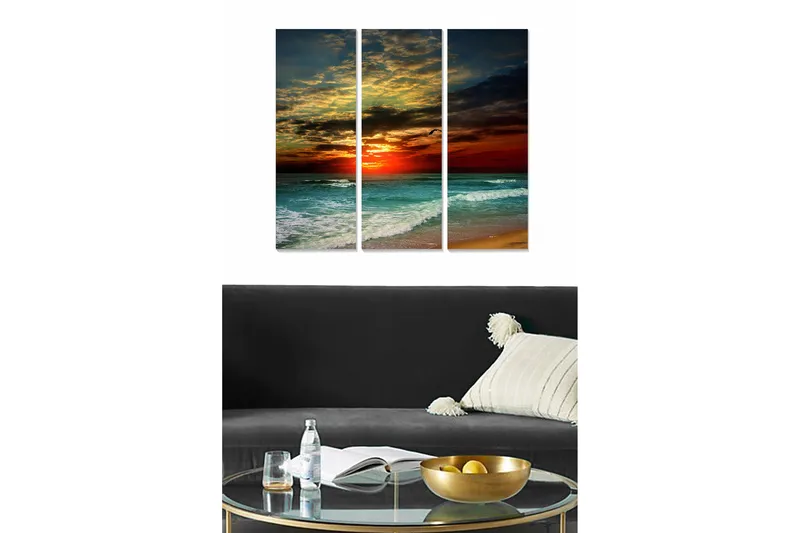 Canvastavla i trä 3-delar 50x70 cm - Färgrik solnedgång över havet, Blå / Orange / Grön