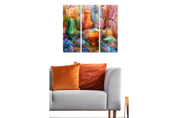 Canvastavla i trä 3-delar 50x70 cm - Färgrik stilleben med blommor och keramikföremål - Grön / Orange / Blå - Inredning - Tavlor & posters - Canvastavla