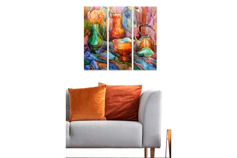 Canvastavla i trä 3-delar 50x70 cm - Färgrik stilleben med blommor och keramikföremål - Grön / Orange / Blå - Inredning - Tavlor & posters - Canvastavla