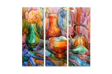 Canvastavla i trä 3-delar 50x70 cm - Färgrik stilleben med blommor och keramikföremål - Grön / Orange / Blå - Inredning - Tavlor & posters - Canvastavla