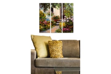 Canvastavla i trä 3-delar 50x70 cm - Färgrik trädgård med blomsterarrangemang och en dörr i bakgrunden - Grön / Rosa / Gul - Inredning - Tavlor & posters - Canvastavla