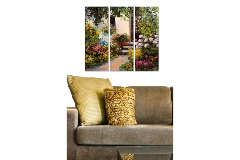 Canvastavla i trä 3-delar 50x70 cm - Färgrik trädgård med blomsterarrangemang och en dörr i bakgrunden, Grön / Rosa / Gul