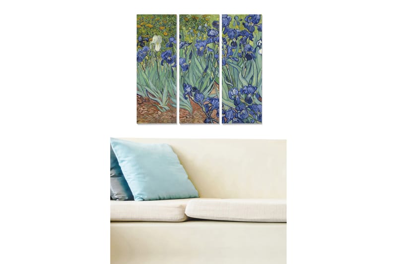Canvastavla i trä 3-delar 50x70 cm - Färgrik trädgård med irisblommor, Blå / Grön / Gul
