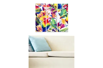 Canvastavla i trä 3-delar 50x70 cm - Färgrik tropisk flora med fåglar - Grön / Röd / Gul - Inredning - Tavlor & posters - Canvastavla