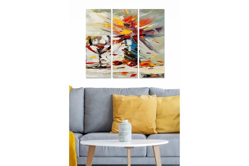 Canvastavla i trä 3-delar 50x70 cm - Färgstark stillife med ett glas och frukter, Röd / Orange / Grå
