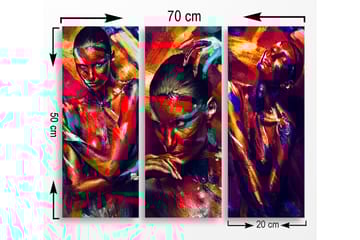 Canvastavla i trä 3-delar 50x70 cm - Färgstark porträttserie av människor med uttrycksfulla ansiktsmålningar - Röd / Blå / Orange - Inredning - Tavlor & posters - Canvastavla