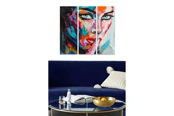 Canvastavla i trä 3-delar 50x70 cm - Färgstark porträtt av en kvinna med en uttrycksfull blick - Blå / Röd / Orange - Inredning - Tavlor & posters - Canvastavla
