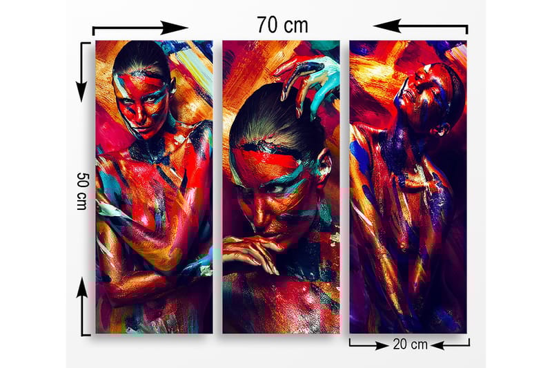 Canvastavla i trä 3-delar 50x70 cm - Färgstark porträttserie av människor med uttrycksfulla ansiktsmålningar - Röd / Blå / Orange - Inredning - Tavlor & posters - Canvastavla