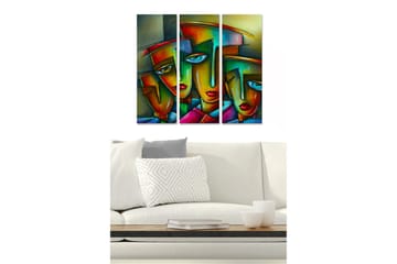 Canvastavla i trä 3-delar 50x70 cm - Färgstarka ansikten med geometriska former - Röd / Grön / Blå - Inredning - Tavlor & posters - Canvastavla