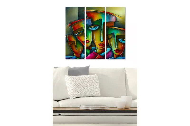 Canvastavla i trä 3-delar 50x70 cm - Färgstarka ansikten med geometriska former, Röd / Grön / Blå