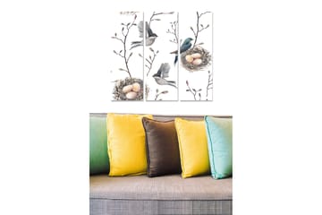 Canvastavla i trä 3-delar 50x70 cm - Fåglar som bygger bo med ägg i en grenstruktur - Grön / Brun / Beige - Inredning - Tavlor & posters - Canvastavla