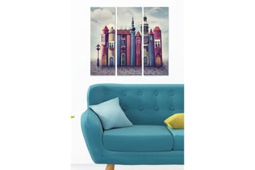 Canvastavla i trä 3-delar 50x70 cm - Fantasifull byggnad med färgglada torn och fönster - Rosa / Blå / Grön - Inredning - Tavlor & posters - Canvastavla