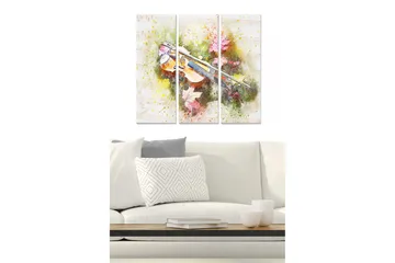 Canvastavla i trä 3-delar 50x70 cm - Fiol omgiven av färgglada höstlöv - Grön / Rosa / Gul - Inredning - Tavlor & posters - Canvastavla