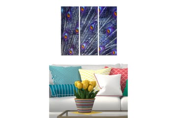 Canvastavla i trä 3-delar 50x70 cm - Fjäderverk med påfågelsögon i livfulla färger - Lila / Grön / Guld - Inredning - Tavlor & posters - Canvastavla