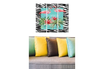 Canvastavla i trä 3-delar 50x70 cm - Flamingos omgivna av tropiska växter i en färgglad komposition - Rosa / Grön / Svart - Inredning - Tavlor & posters - Canvastavla