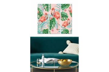 Canvastavla i trä 3-delar 50x70 cm - Flamingos omgivna av tropiska växter - Rosa / Grön / Ljusblå - Inredning - Tavlor & posters - Canvastavla