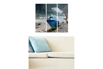 Canvastavla i trä 3-delar 50x70 cm - Flaska med en delfin i en surrealistisk ökenlandskap - Blå / Grå / Brun - Inredning - Tavlor & posters - Canvastavla