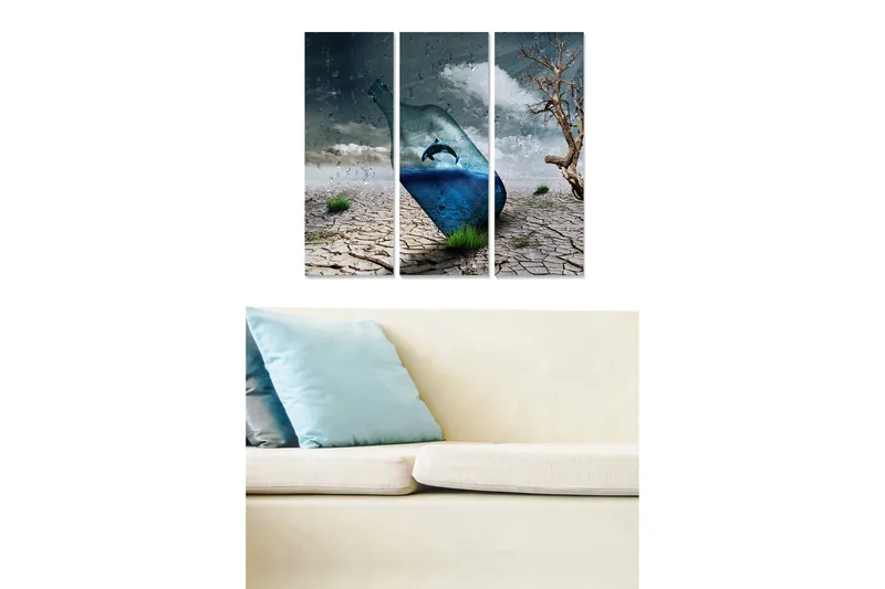 Canvastavla i trä 3-delar 50x70 cm - Flaska med en delfin i en surrealistisk ökenlandskap, Blå / Grå / Brun