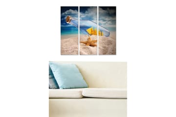 Canvastavla i trä 3-delar 50x70 cm - Flaska med ett segelfartyg på sandstrand - Blå / Beige / Gul - Inredning - Tavlor & posters - Canvastavla