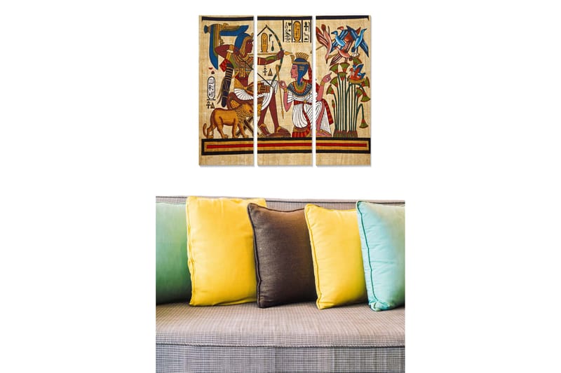 Canvastavla i trä 3-delar 50x70 cm - Forntida egyptisk scen med gudar och blommor, Röd / Blå / Gul