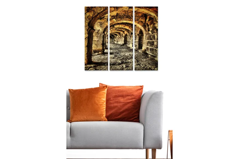 Canvastavla i trä 3-delar 50x70 cm - Gamla valv i en stenig korridor - Guld / Grå / Brun - Inredning - Tavlor & posters - Canvastavla