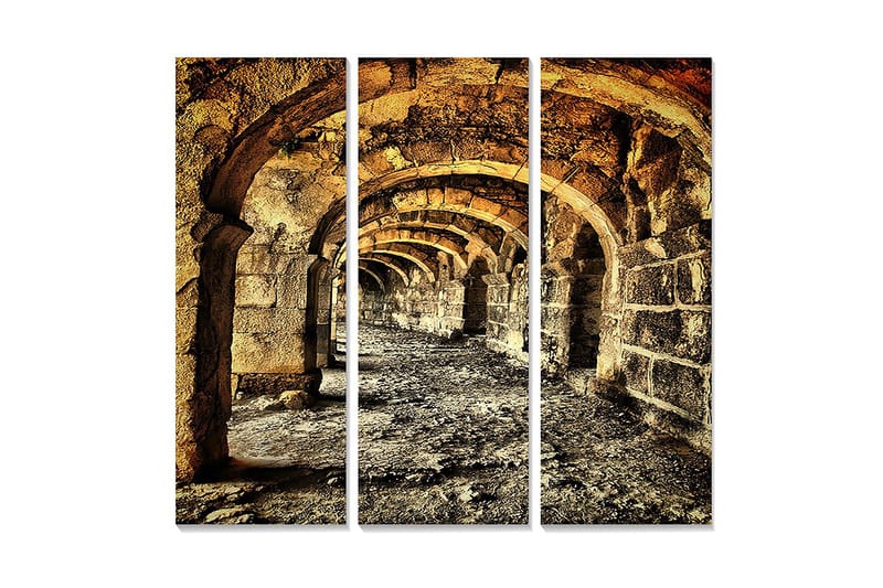 Canvastavla i trä 3-delar 50x70 cm - Gamla valv i en stenig korridor, Guld / Grå / Brun