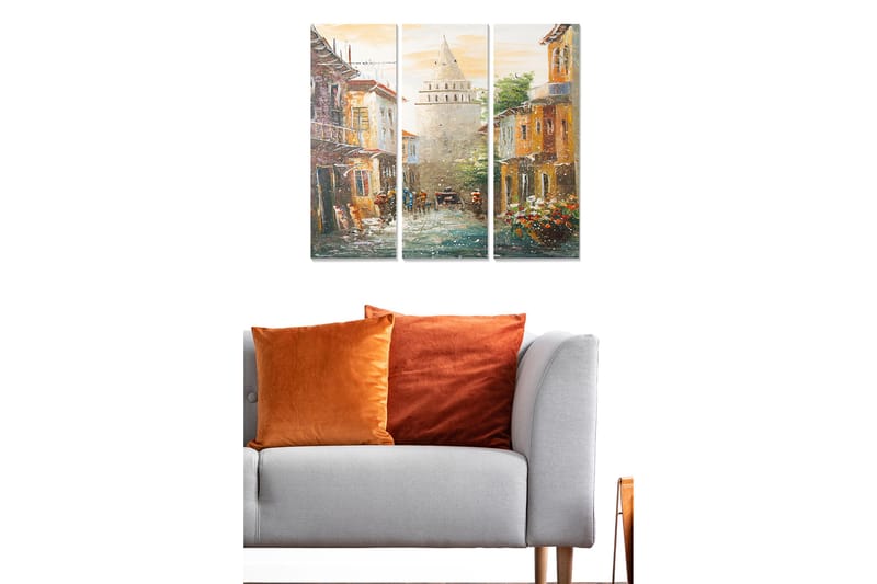 Canvastavla i trä 3-delar 50x70 cm - Gammal stad med historiska byggnader och en tornliknande struktur i centrum - Orange / Grön / Blå - Inredning - Tavlor & posters - Canvastavla