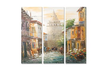 Canvastavla i trä 3-delar 50x70 cm - Gammal stad med historiska byggnader och en tornliknande struktur i centrum - Orange / Grön / Blå - Inredning - Tavlor & posters - Canvastavla