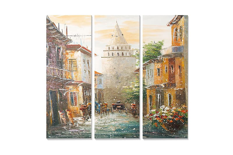 Canvastavla i trä 3-delar 50x70 cm - Gammal stad med historiska byggnader och en tornliknande struktur i centrum, Orange / Grön / Blå