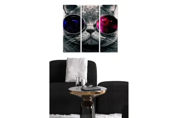 Canvastavla i trä 3-delar 50x70 cm - Grå katt med stora solglasögon som reflekterar en galax - Grå / Lila / Rosa - Inredning - Tavlor & posters - Canvastavla