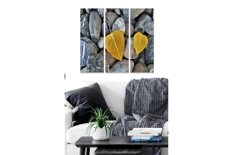 Canvastavla i trä 3-delar 50x70 cm - Gula löv på en bakgrund av grå stenar, Grå / Gul