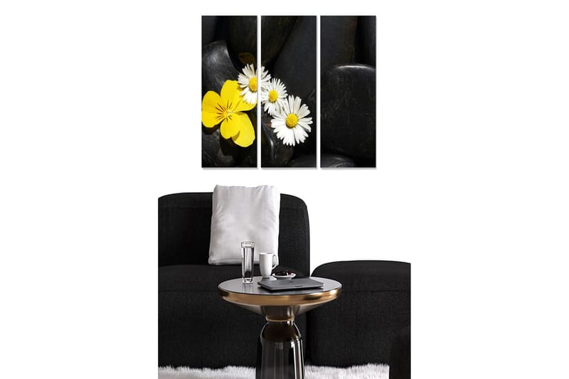 Canvastavla i trä 3-delar 50x70 cm - Gula och vita blommor på svarta stenar, Gul / Vit / Svart