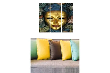 Canvastavla i trä 3-delar 50x70 cm - Guldmask omgiven av färgglada textilier och blommor - Guld / Mörkblå / Grön - Inredning - Tavlor & posters - Canvastavla