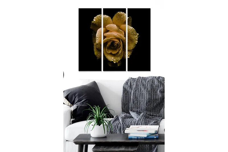Canvastavla i trä 3-delar 50x70 cm - Gyllene ros med vattendroppar, Guld / Svart