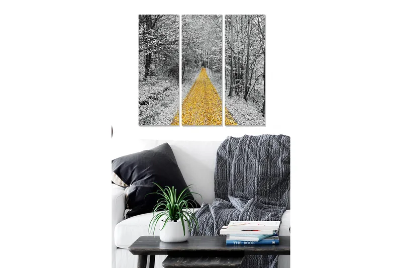 Canvastavla i trä 3-delar 50x70 cm - Gyllene väg kantad av snötäckta träd, Gult / Svart / Vitt