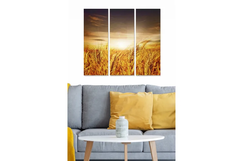Canvastavla i trä 3-delar 50x70 cm - Gyllene vetefält under en solnedgång, Guld / Orange / Brun
