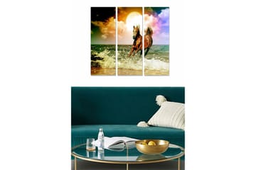 Canvastavla i trä 3-delar 50x70 cm - Häst som galopperar genom vågor vid solnedgången - Brunt / Blått / Gult - Inredning - Tavlor & posters - Canvastavla