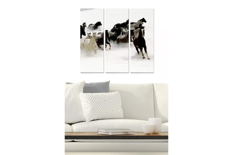 Canvastavla i trä 3-delar 50x70 cm - Hästar som galopperar genom snön, Vit / Svart / Brun
