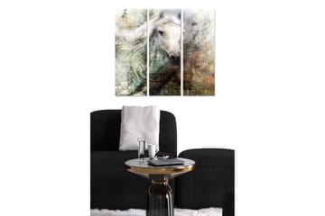 Canvastavla i trä 3-delar 50x70 cm - Hästporträtt med inslag av sedlar och abstrakta mönster - Vit / Beige / Grön - Inredning - Tavlor & posters - Canvastavla