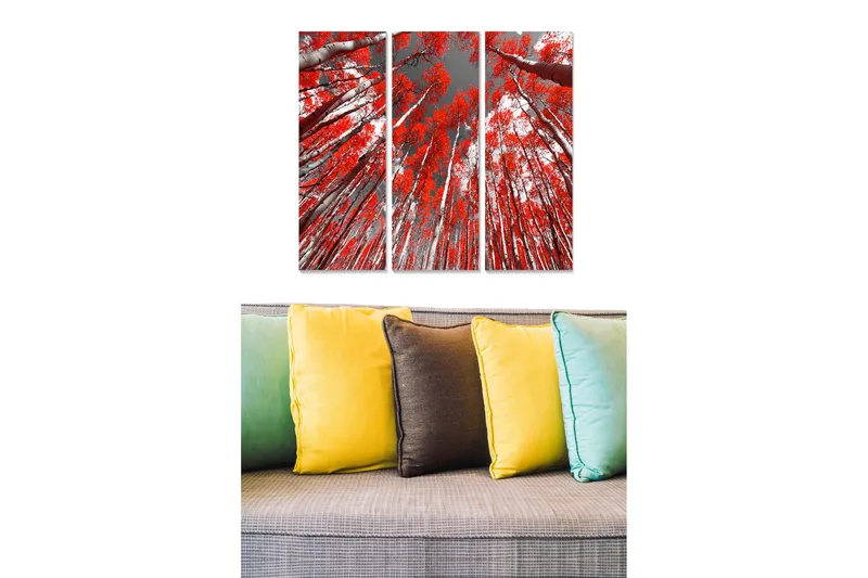 Canvastavla i trä 3-delar 50x70 cm - Höga träd med brinnande röda löv mot en grå himmel, Röd / Grå