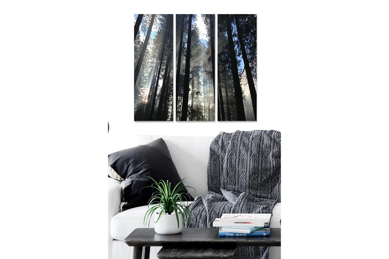 Canvastavla i trä 3-delar 50x70 cm - Höga träd som sträcker sig mot en dimmig himmel, Mörkgrön / Svart / Ljusblå