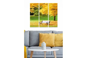 Canvastavla i trä 3-delar 50x70 cm - Höstlandskap med en bänk omgiven av gyllene lövträd - Guld / Grön - Inredning - Tavlor & posters - Canvastavla
