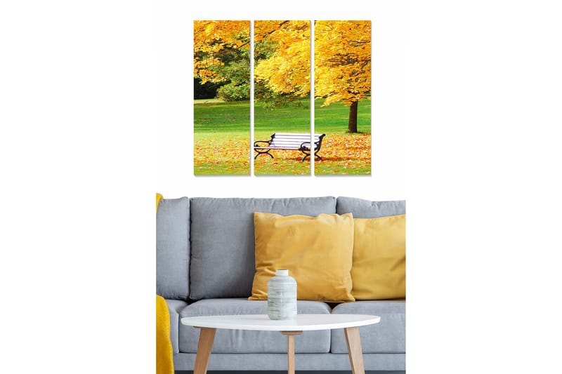 Canvastavla i trä 3-delar 50x70 cm - Höstlandskap med en bänk omgiven av gyllene lövträd, Guld / Grön