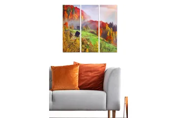 Canvastavla i trä 3-delar 50x70 cm - Höstlandskap med färgglada träd och dimma - Röd / Orange / Grön - Inredning - Tavlor & posters - Canvastavla