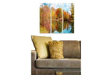 Canvastavla i trä 3-delar 50x70 cm - Höstlandskap med färgglada träd och spegelbild i vatten - Röd / Orange / Grön - Inredning - Tavlor & posters - Canvastavla