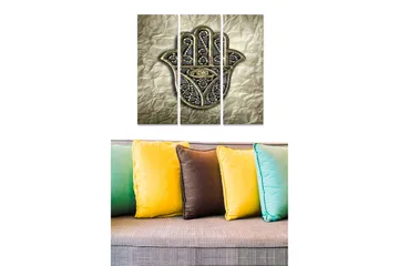 Canvastavla i trä 3-delar 50x70 cm - Hand med öga i en dekorativ stil - Guld / Svart / Grå - Inredning - Tavlor & posters - Canvastavla