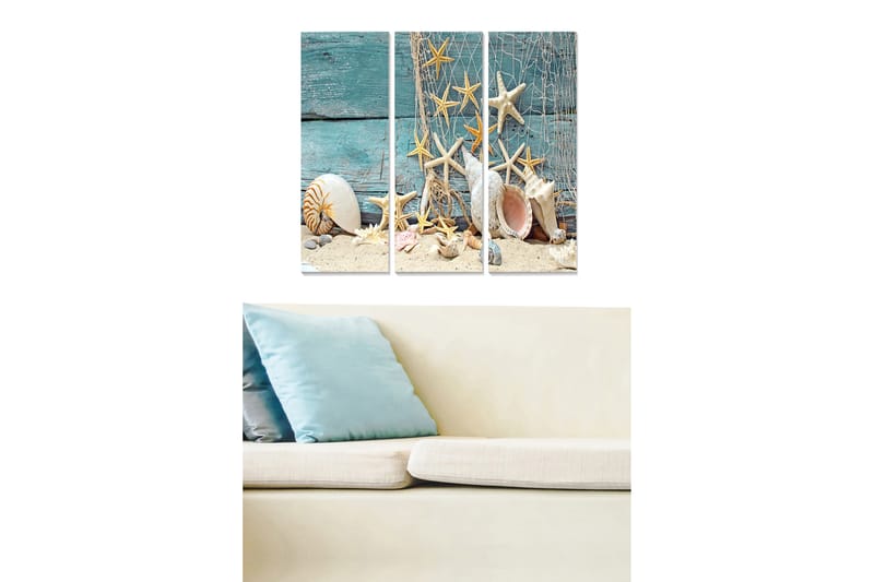 Canvastavla i trä 3-delar 50x70 cm - Havsmotiv med snäckor och sjöstjärnor på sandig bakgrund - Turkos / Beige / Vit - Inredning - Tavlor & posters - Canvastavla